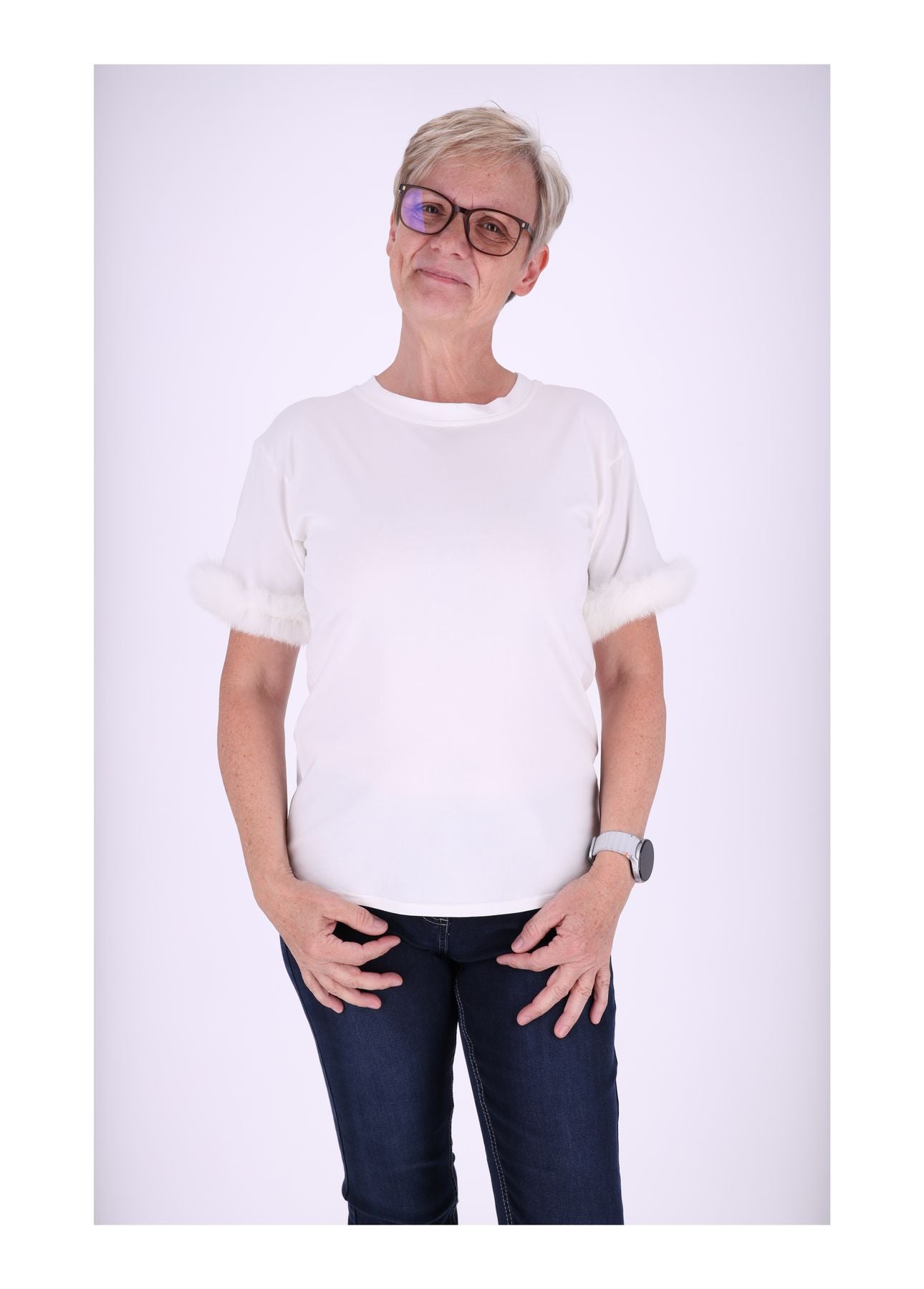 T-Shirt Damen Fellbesatz am Ärmel