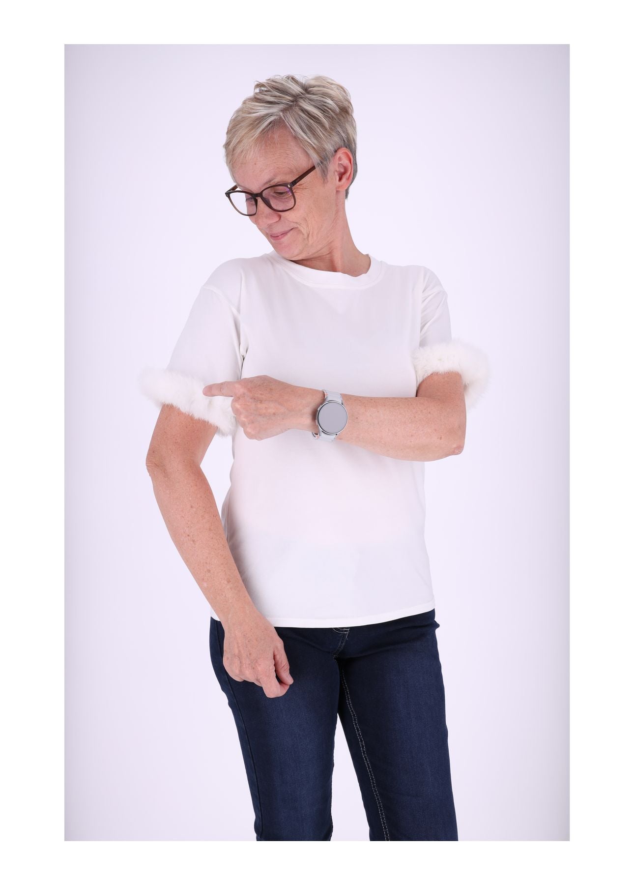 T-Shirt Damen Fellbesatz am Ärmel