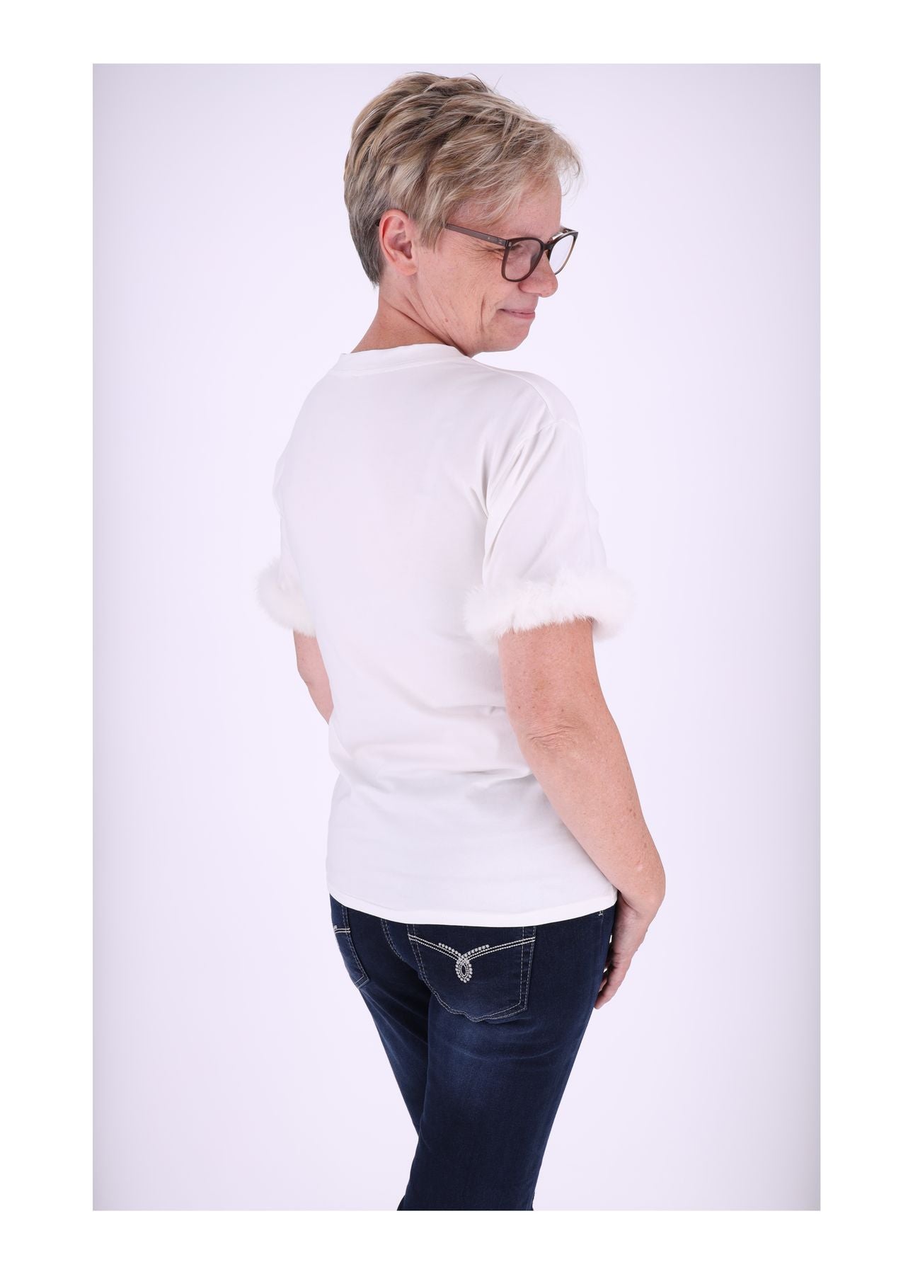 T-Shirt Damen Fellbesatz am Ärmel