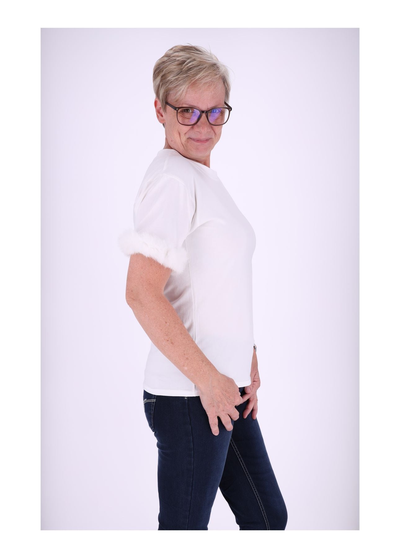 T-Shirt Damen Fellbesatz am Ärmel