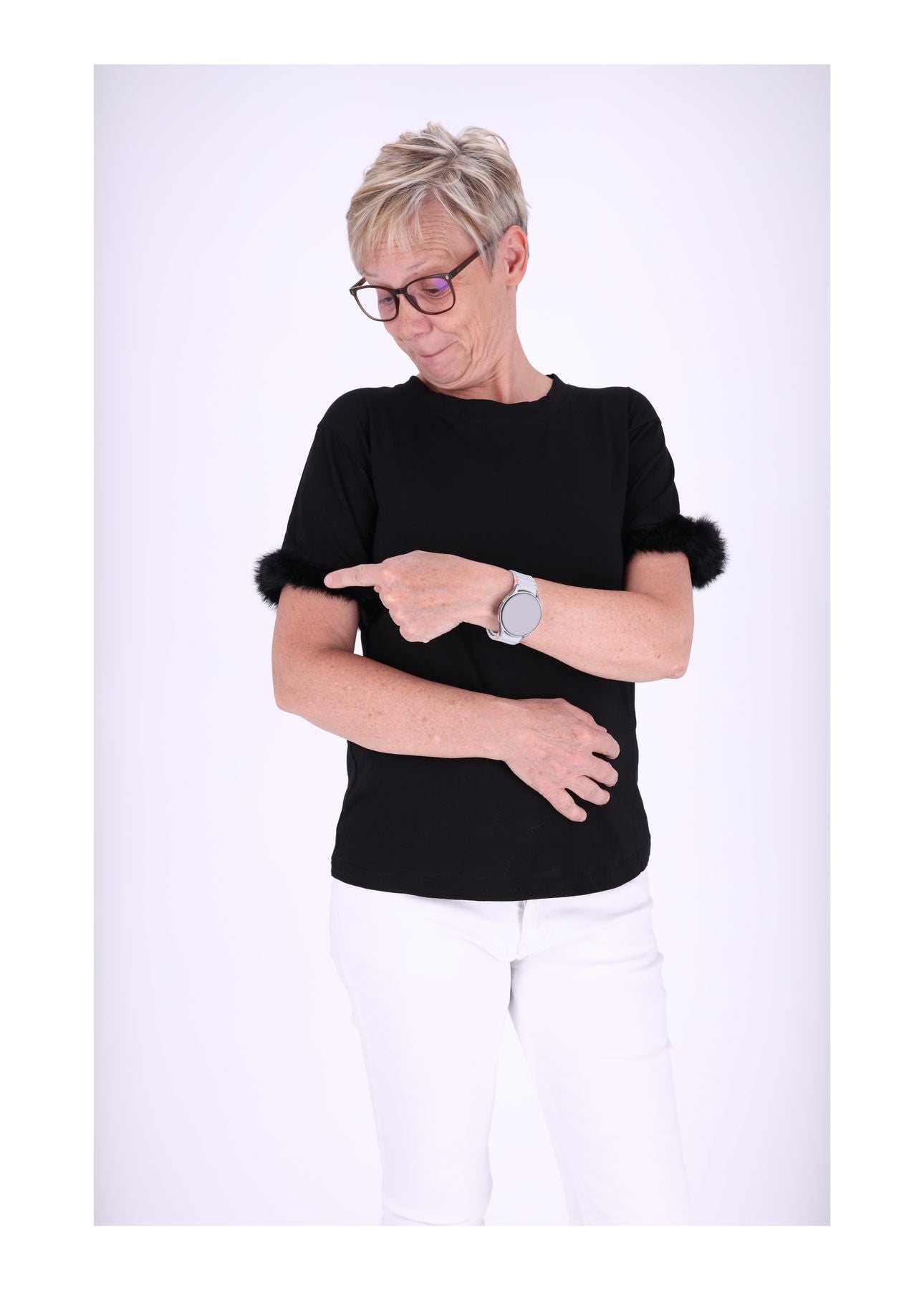 T-Shirt Damen Fellbesatz am Ärmel
