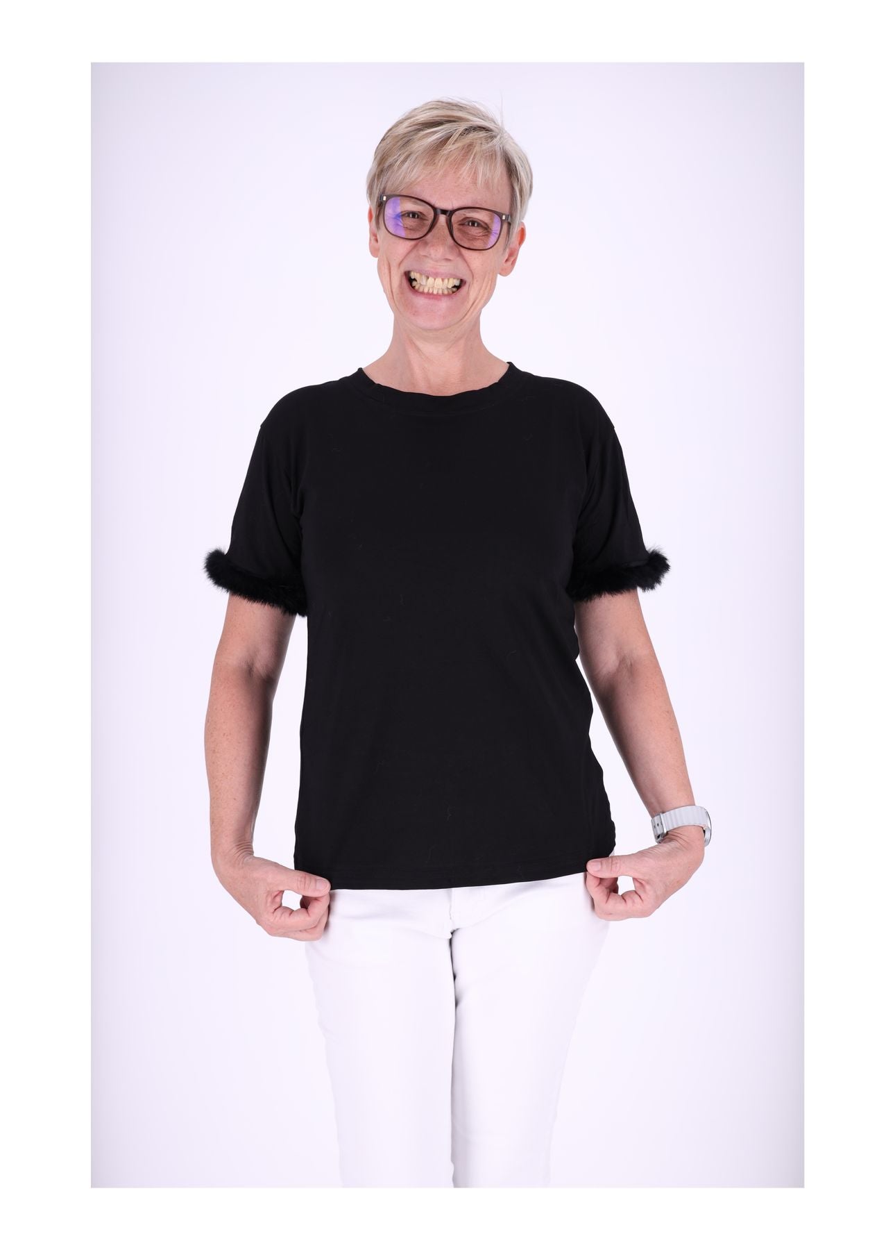 T-Shirt Damen Fellbesatz am Ärmel
