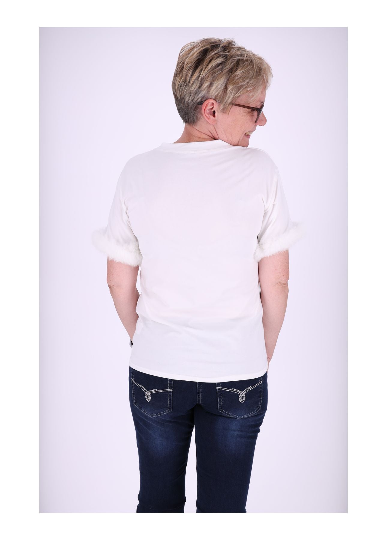 T-Shirt Damen Fellbesatz am Ärmel
