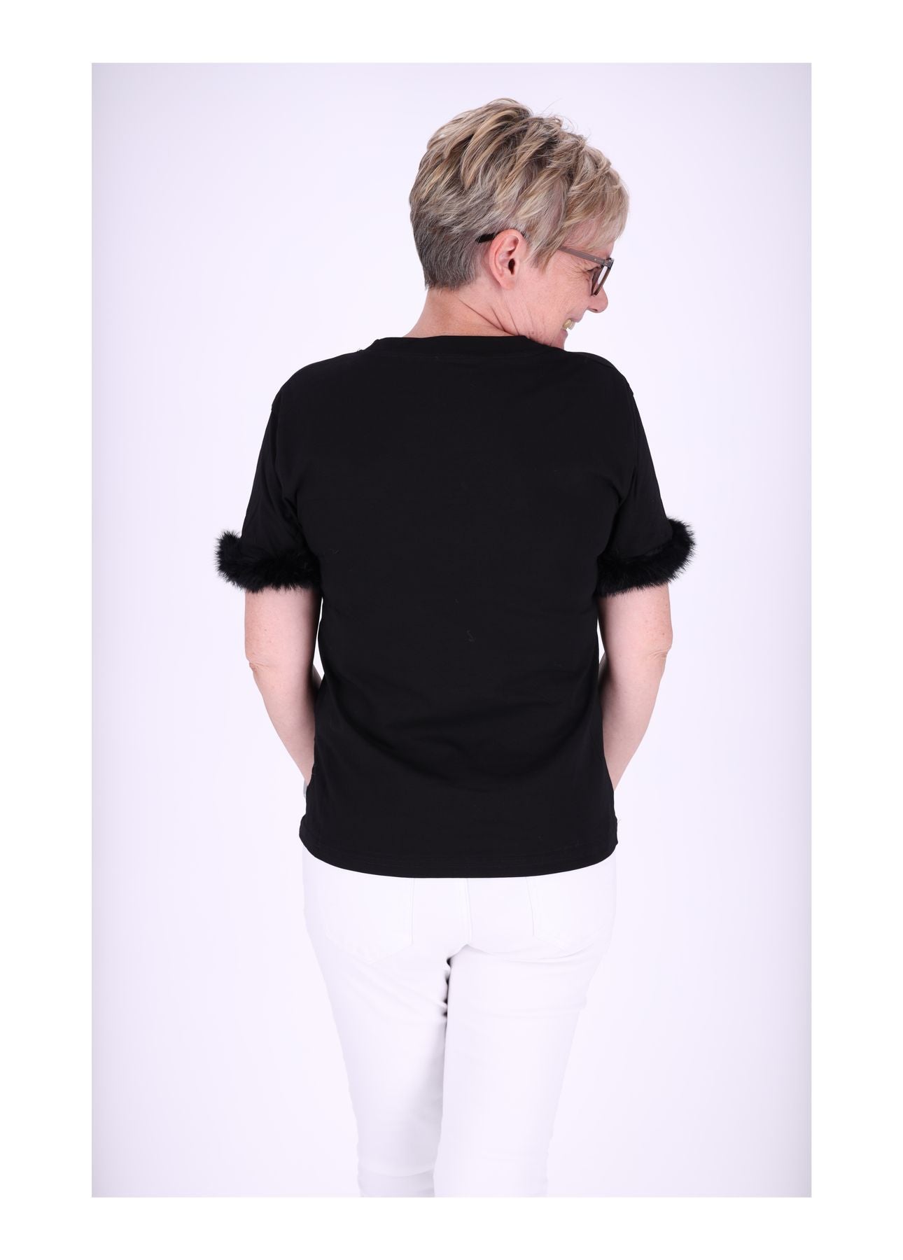 T-Shirt Damen Fellbesatz am Ärmel