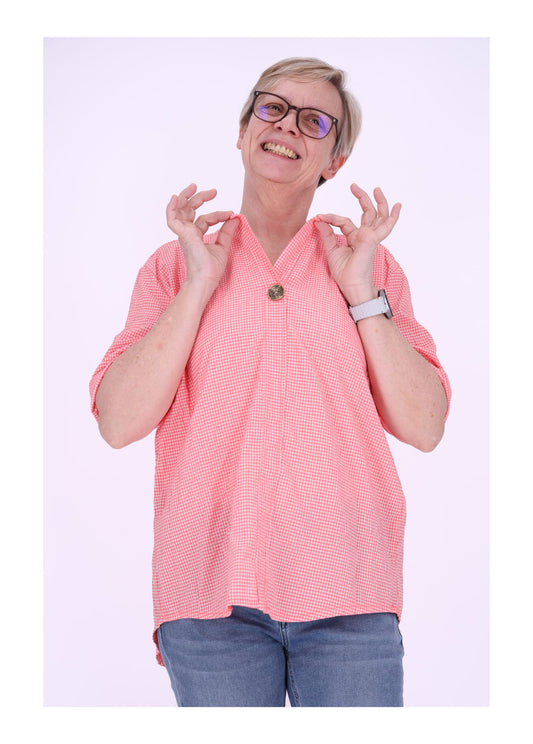 Damen Blusenshirt kurzarm Karo mit Knopf
