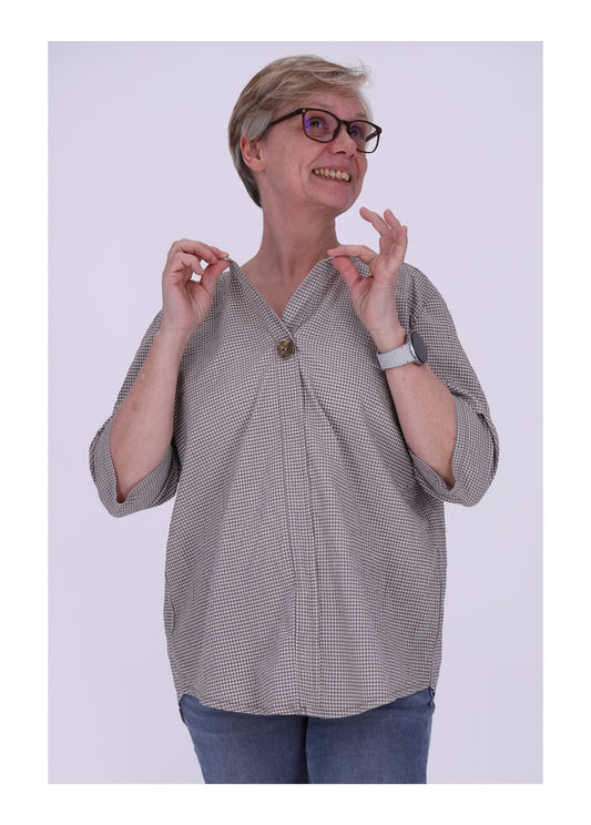 Damen Blusenshirt kurzarm Karo mit Knopf