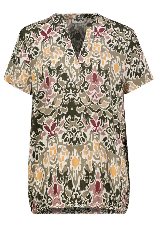 Damen DOB Bluse, Rundhals mit V-Ausschnit