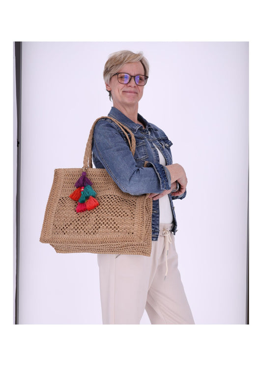 Damen Basttasche Groß mit Bommel
