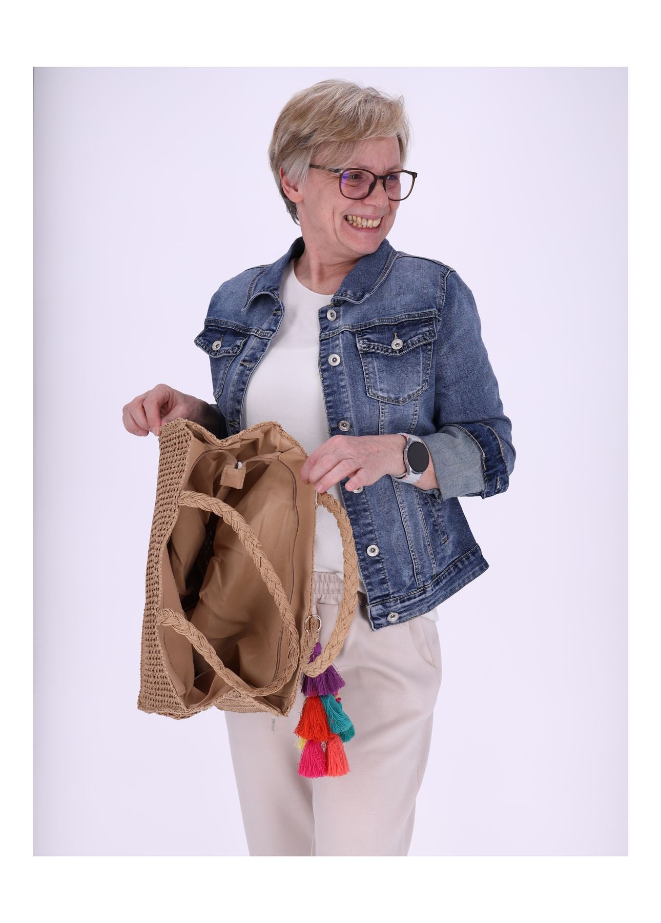 Damen Basttasche Groß mit Bommel