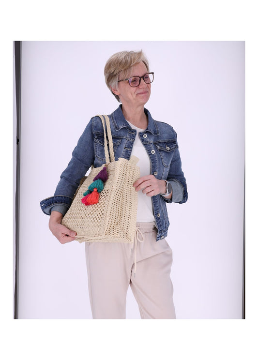 Damen Basttasche Groß mit Bommel