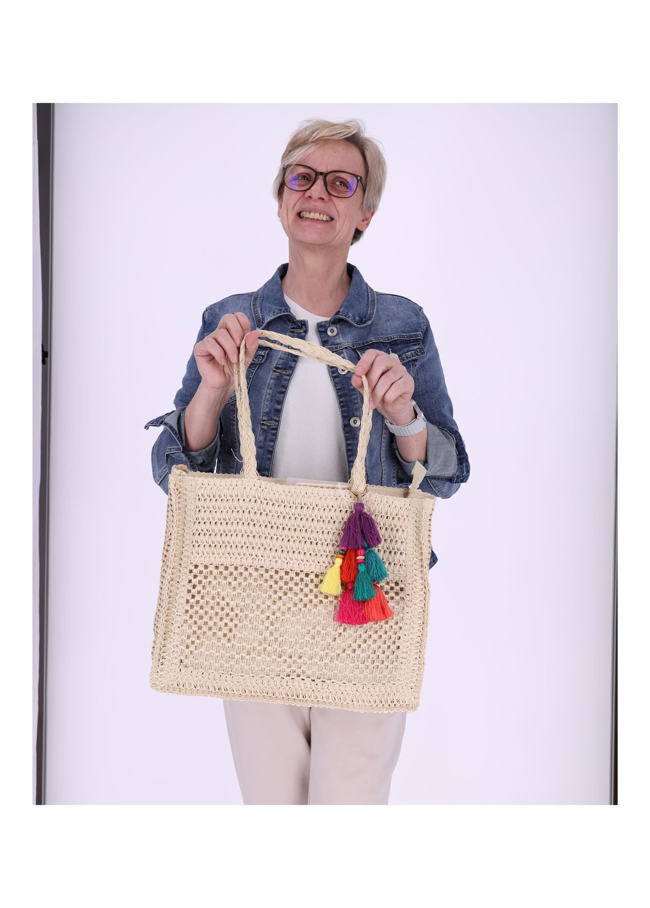 Damen Basttasche Groß mit Bommel