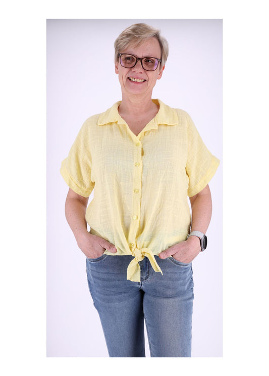 Bluse Damen Kurzarm zum binden Leinenoptik