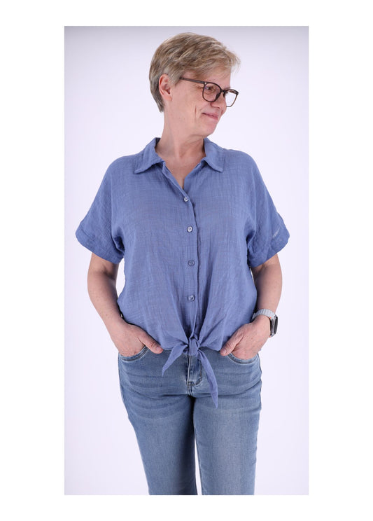 Bluse Damen Kurzarm zum binden Leinenoptik