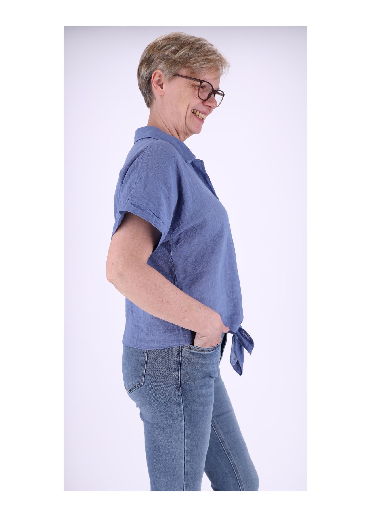 Bluse Damen Kurzarm zum binden Leinenoptik