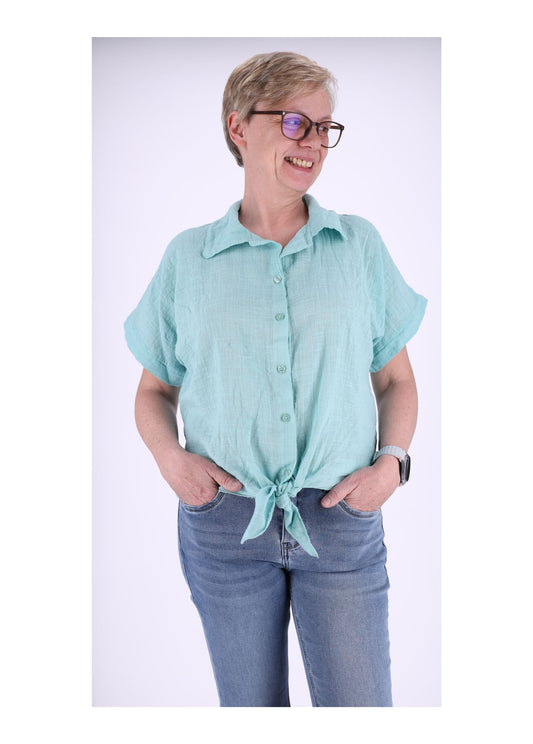 Bluse Damen Kurzarm zum binden Leinenoptik