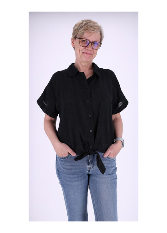 Bluse Damen Kurzarm zum binden Leinenoptik