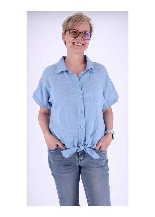 Bluse Damen Kurzarm zum binden Leinenoptik