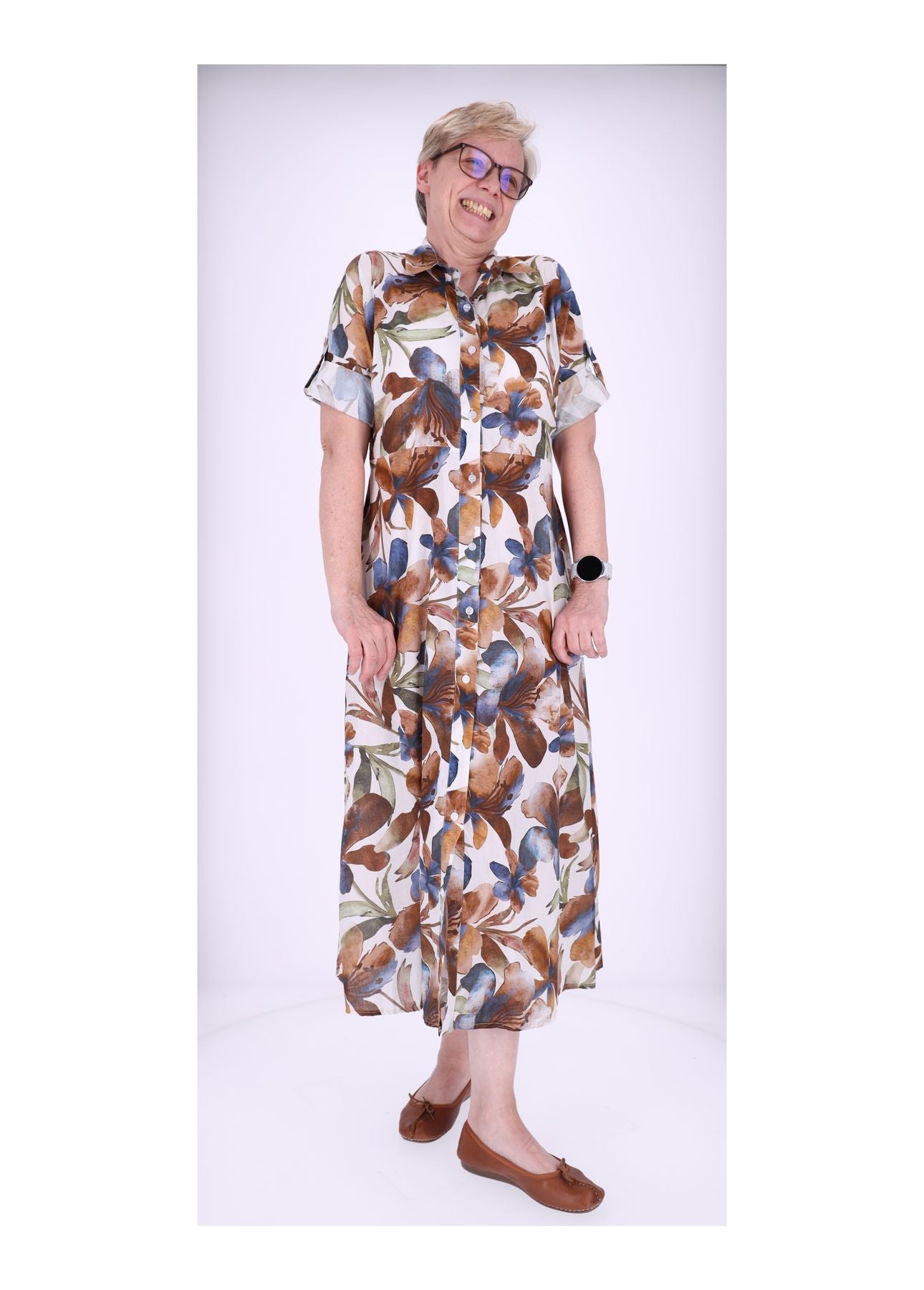 Damen Blusenkleid Gürtel Krempelarm