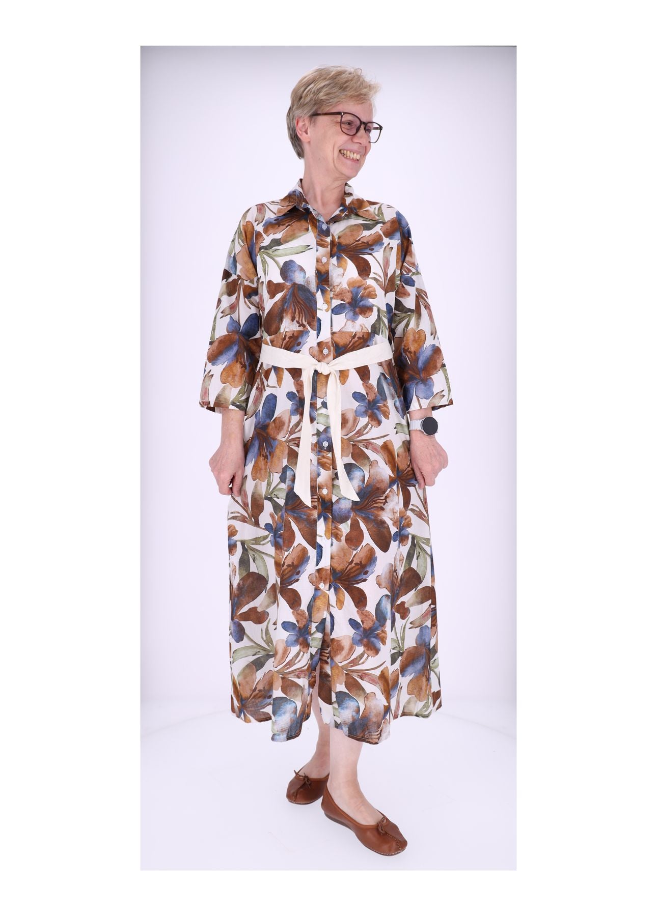 Damen Blusenkleid Gürtel Krempelarm