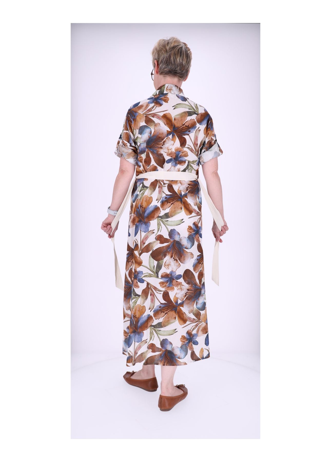 Damen Blusenkleid Gürtel Krempelarm