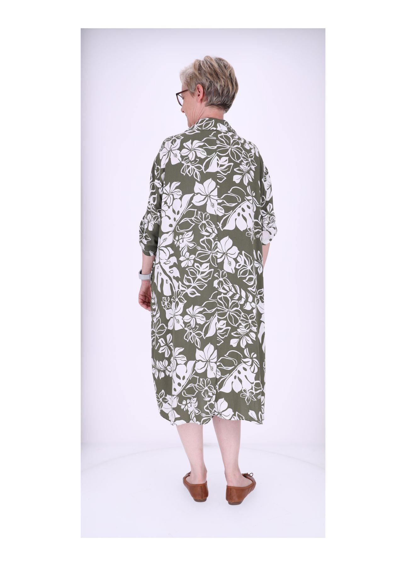 Damen Kleid Blusenkragen Krempelarm Einschubtaschen