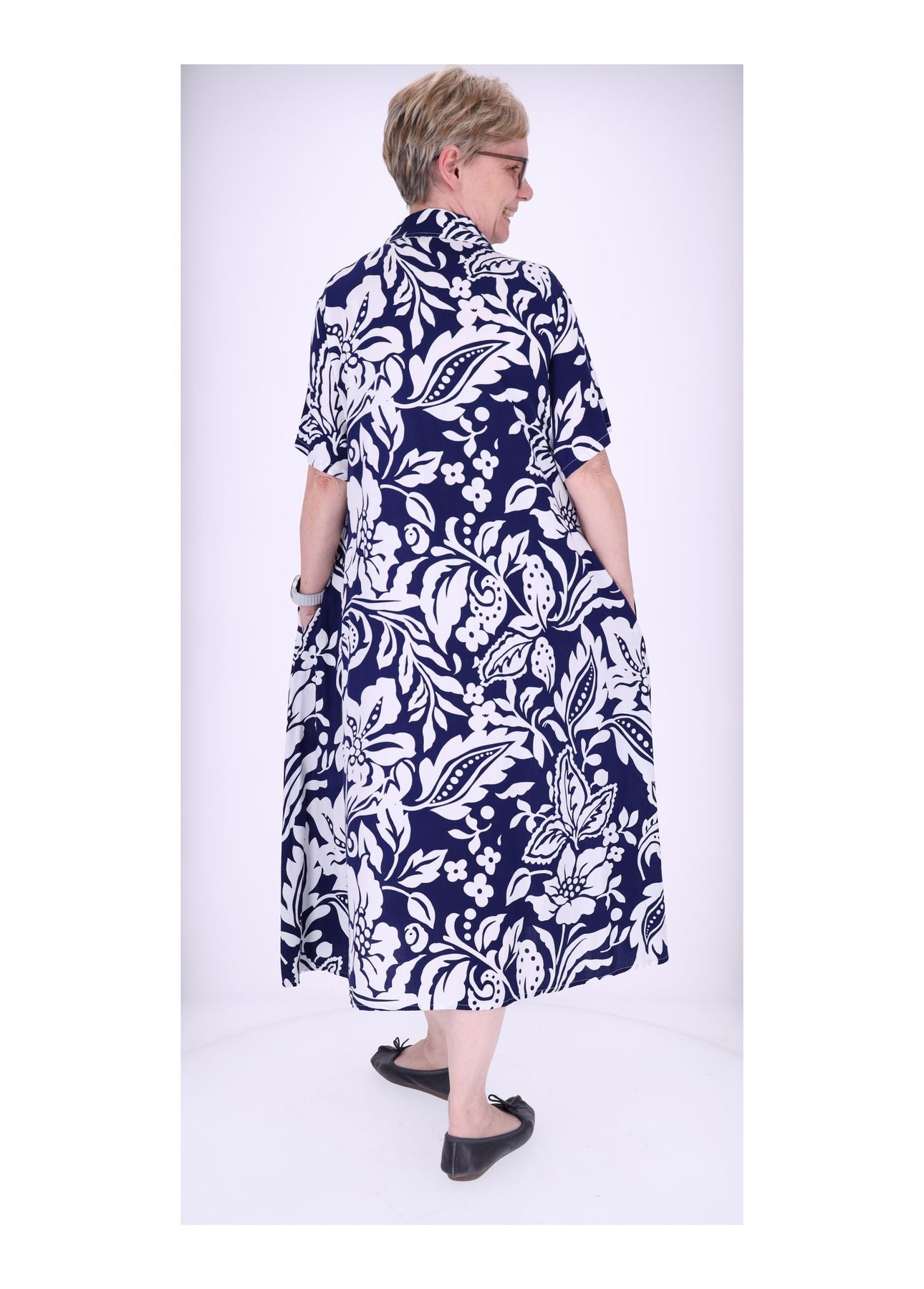 Damen Blusenkleid Kurzarm seitliche Einschubtaschen Print