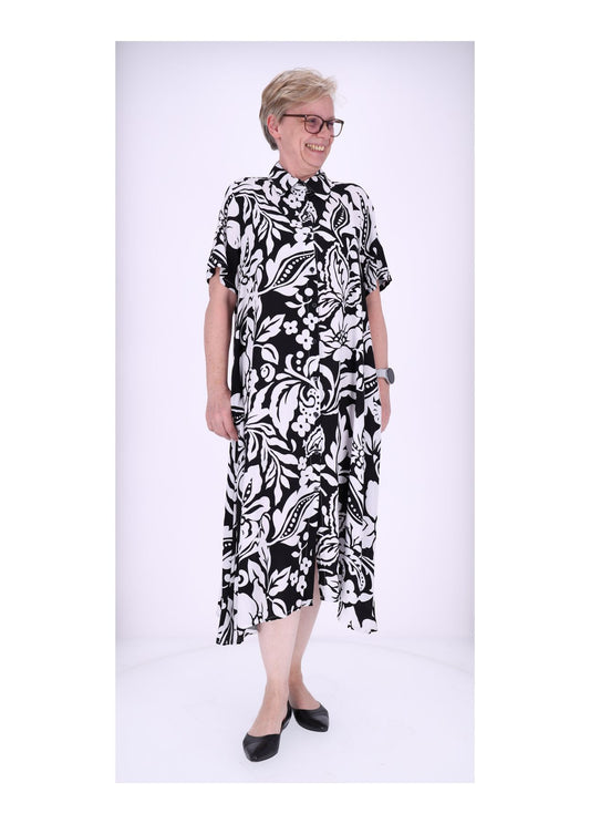 Damen Blusenkleid Kurzarm seitliche Einschubtaschen Print