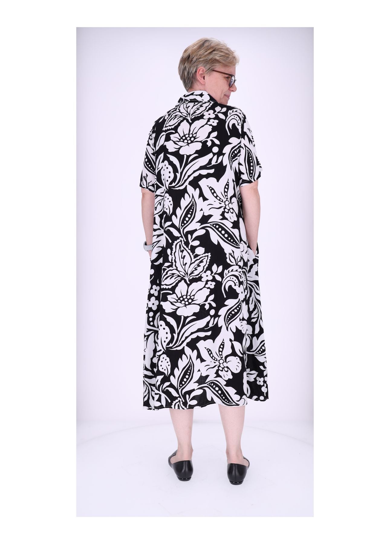 Damen Blusenkleid Kurzarm seitliche Einschubtaschen Print