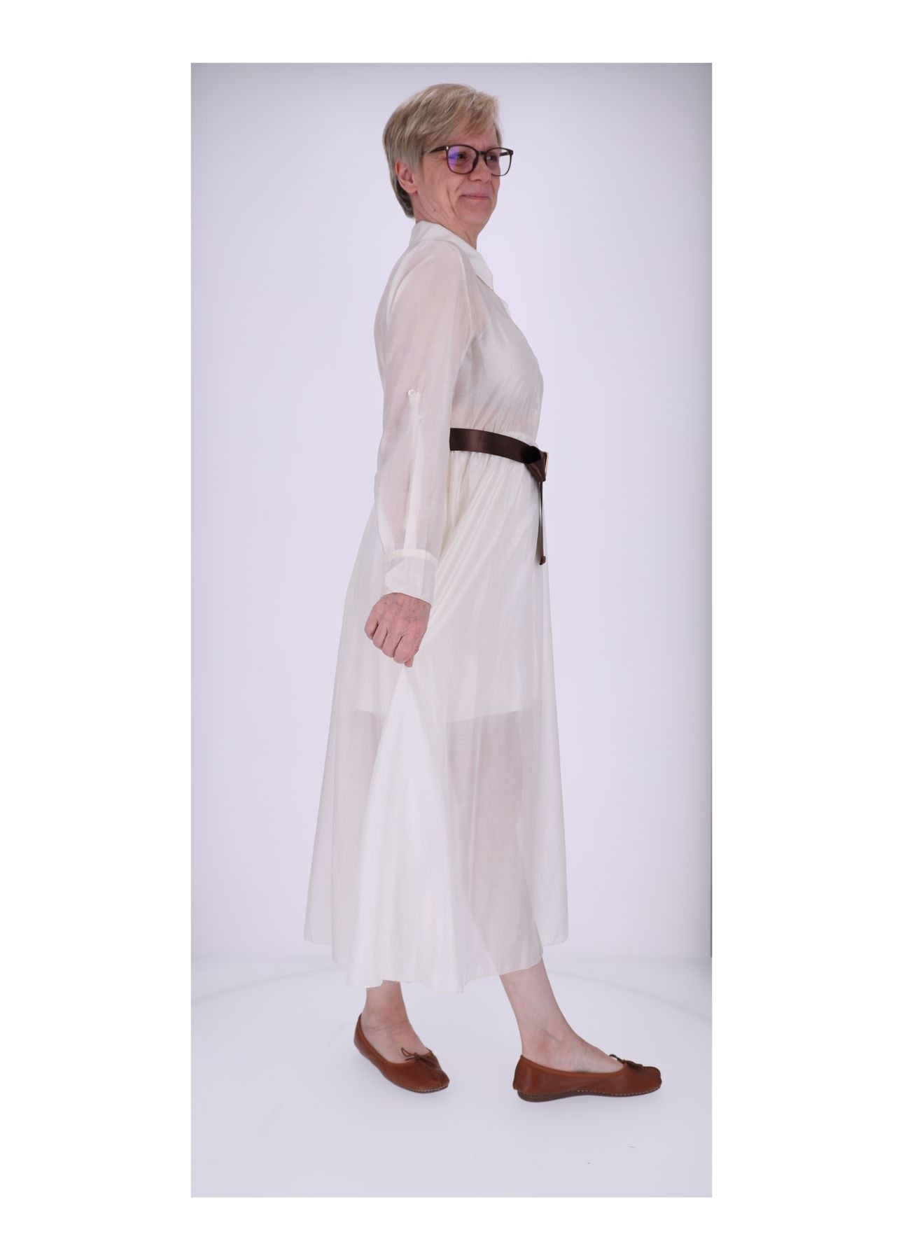 Damen Blusenkleid Gürtel Krempelarm Uni