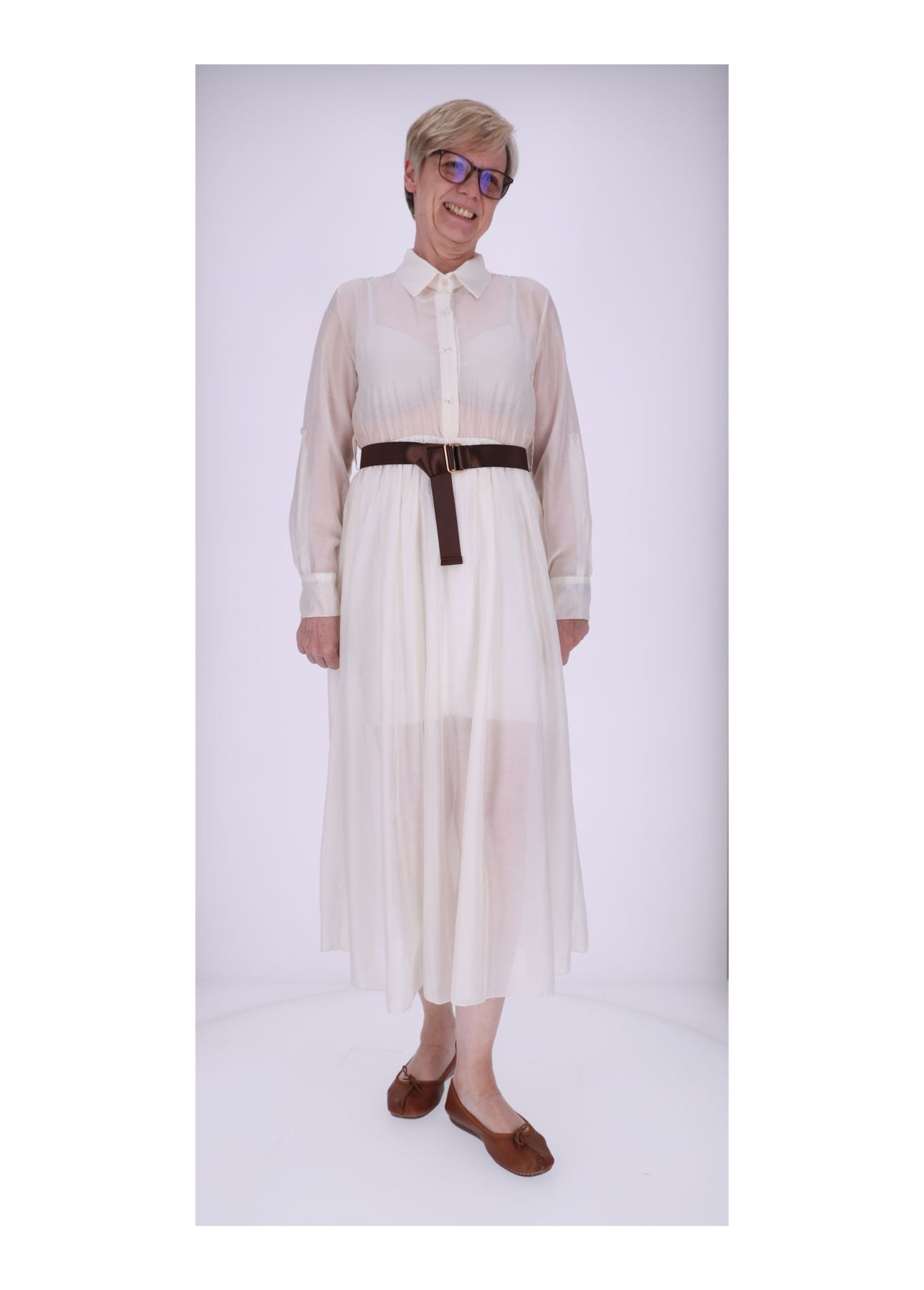 Damen Blusenkleid Gürtel Krempelarm Uni