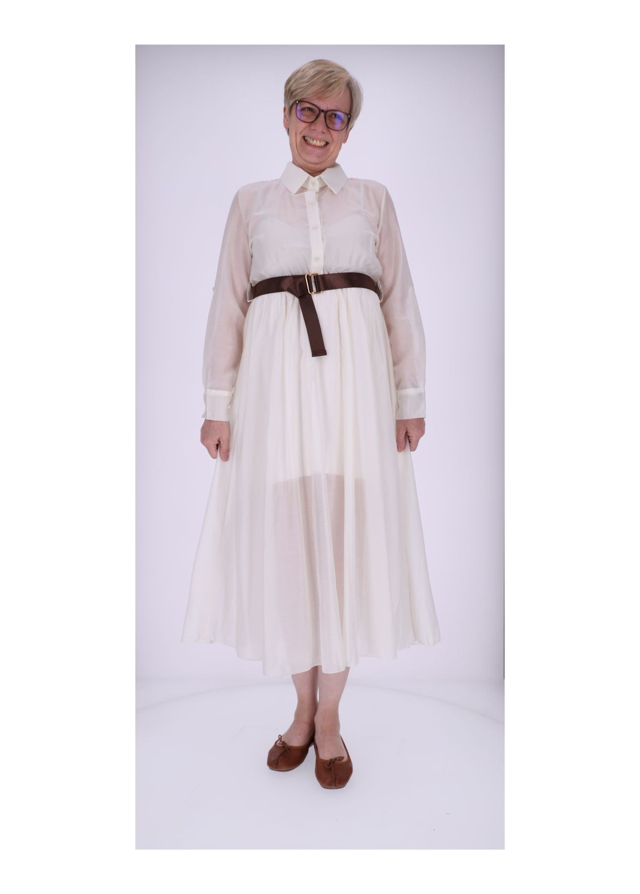 Damen Blusenkleid Gürtel Krempelarm Uni