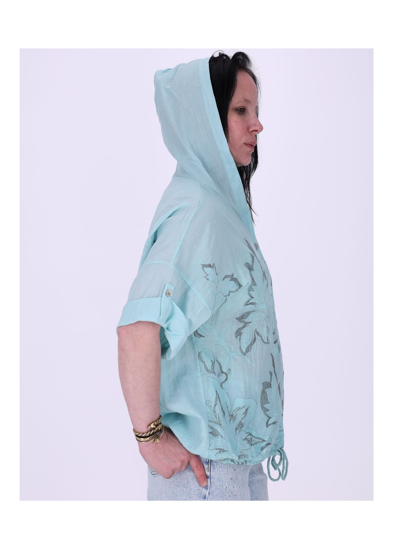 Bluse Kapuze Halbarm mit Stickerei