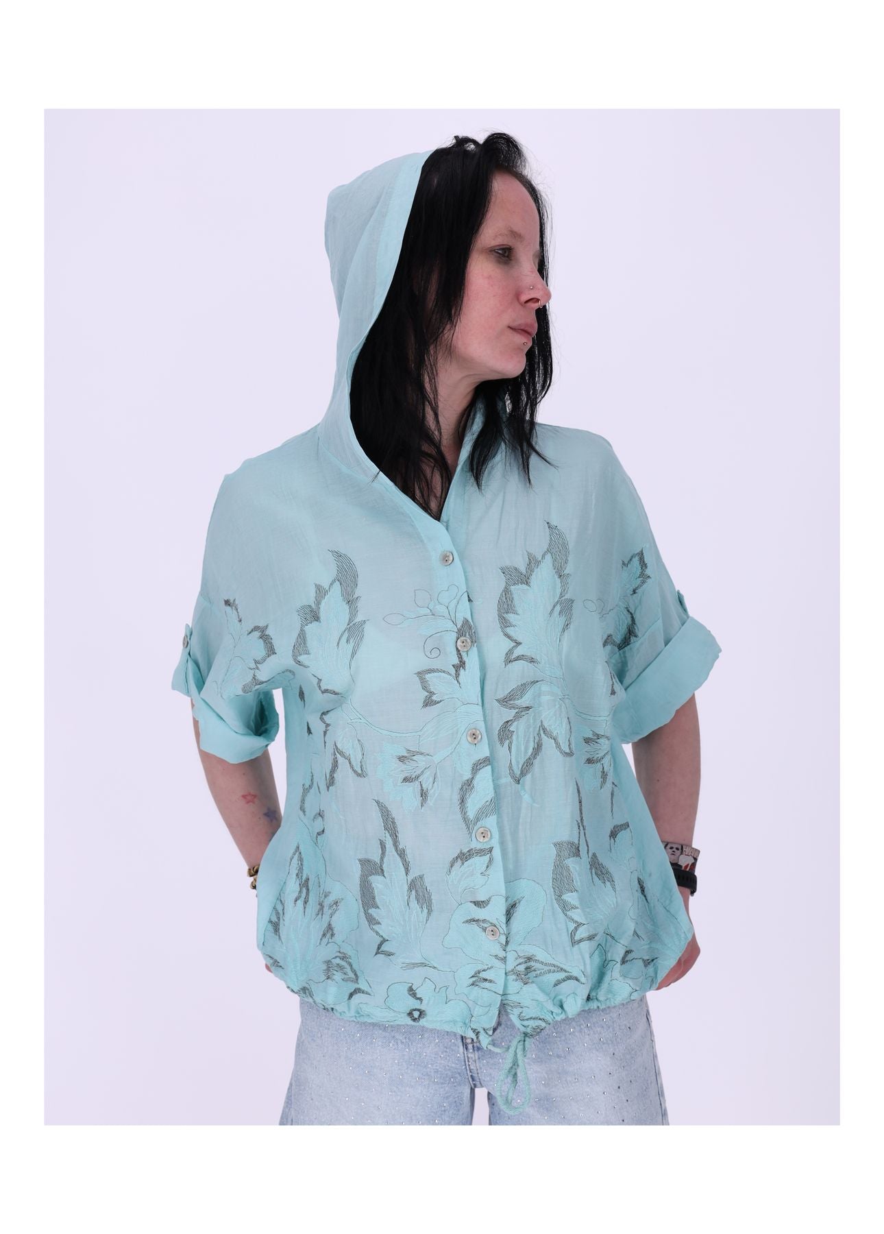 Bluse Kapuze Halbarm mit Stickerei