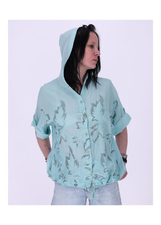 Bluse Kapuze Halbarm mit Stickerei