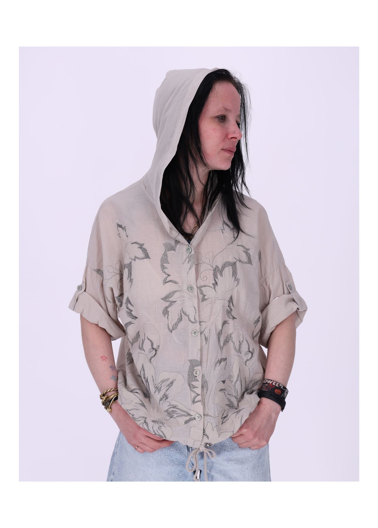 Bluse Kapuze Halbarm mit Stickerei