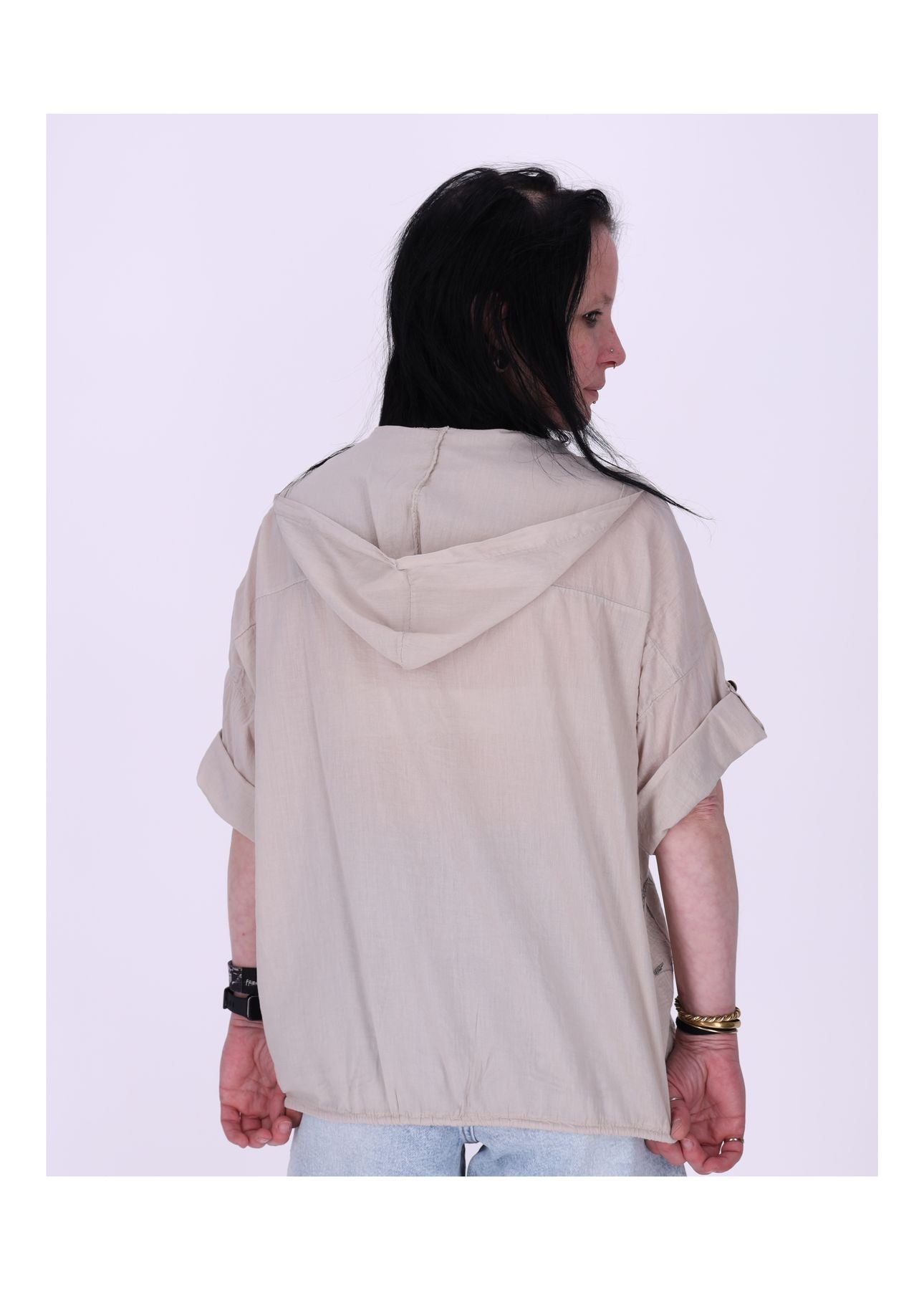 Bluse Kapuze Halbarm mit Stickerei