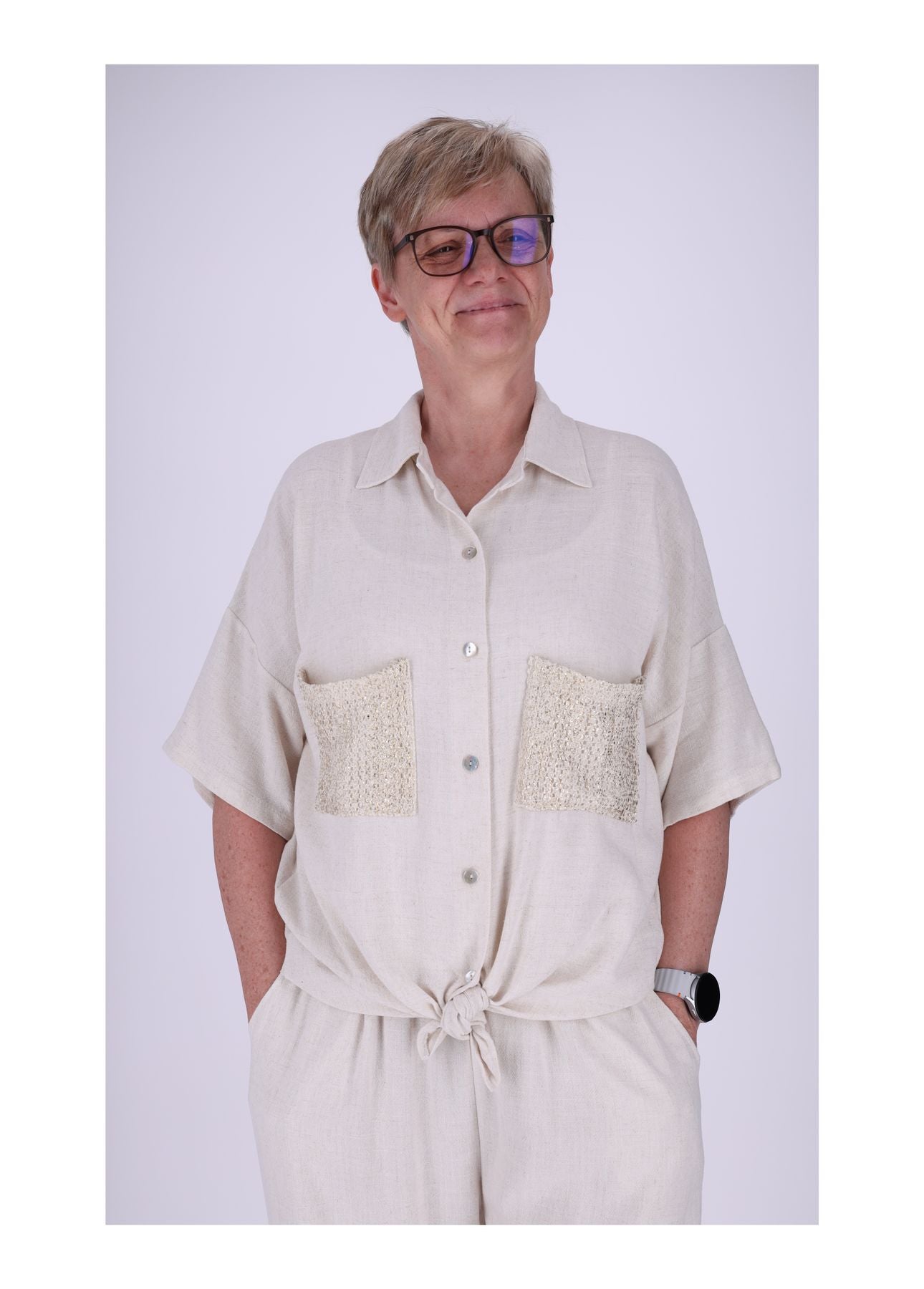 Bluse Damen zwei Brusttaschen gold besprüht