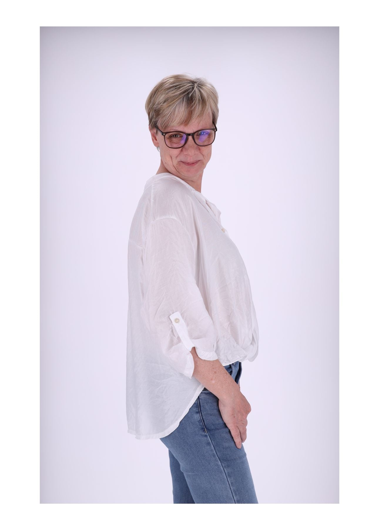 Bluse Damen Stehkragen Krempelarm 3/4 Arm