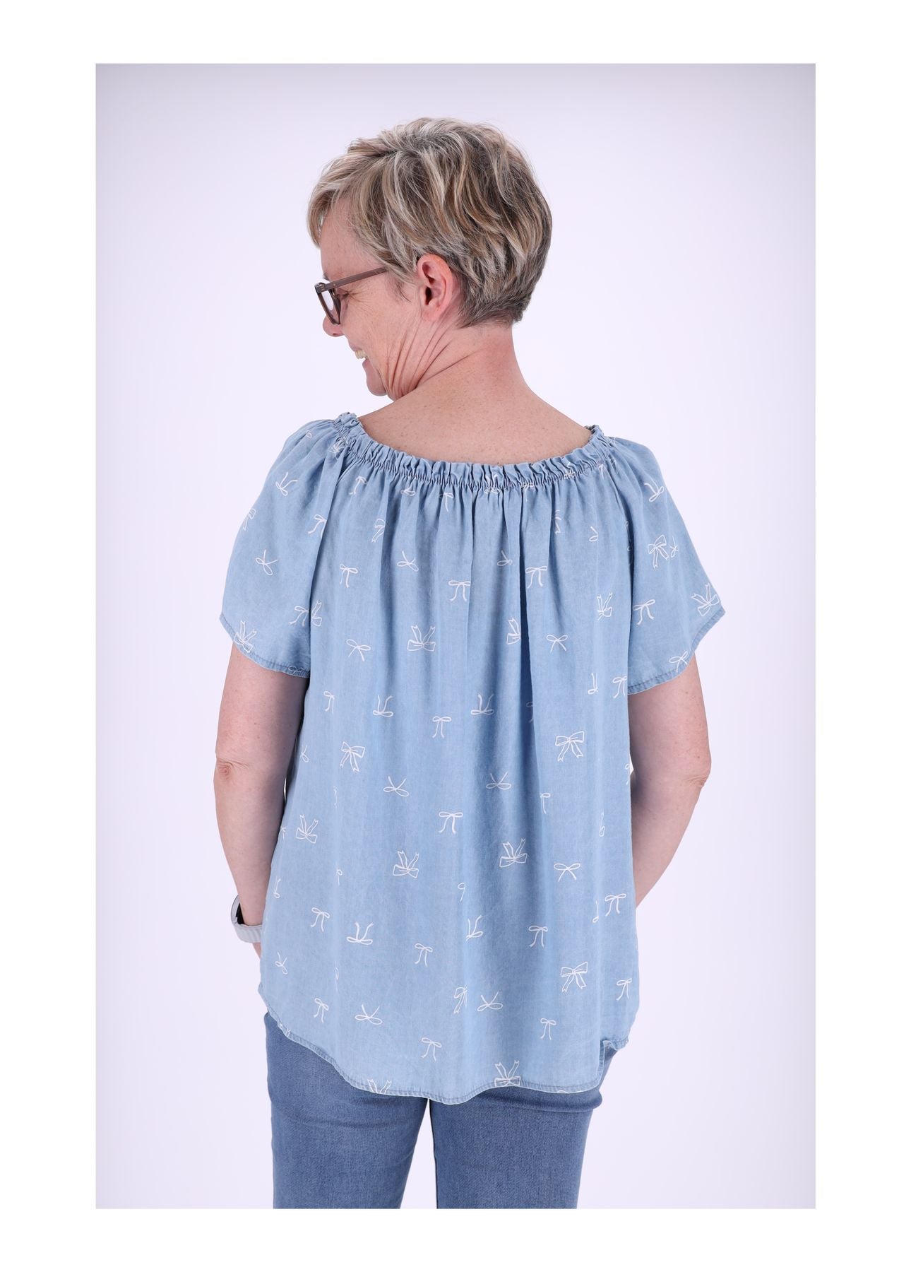 Carmenshirt Damen 1/2 Arm AOP Schleifen