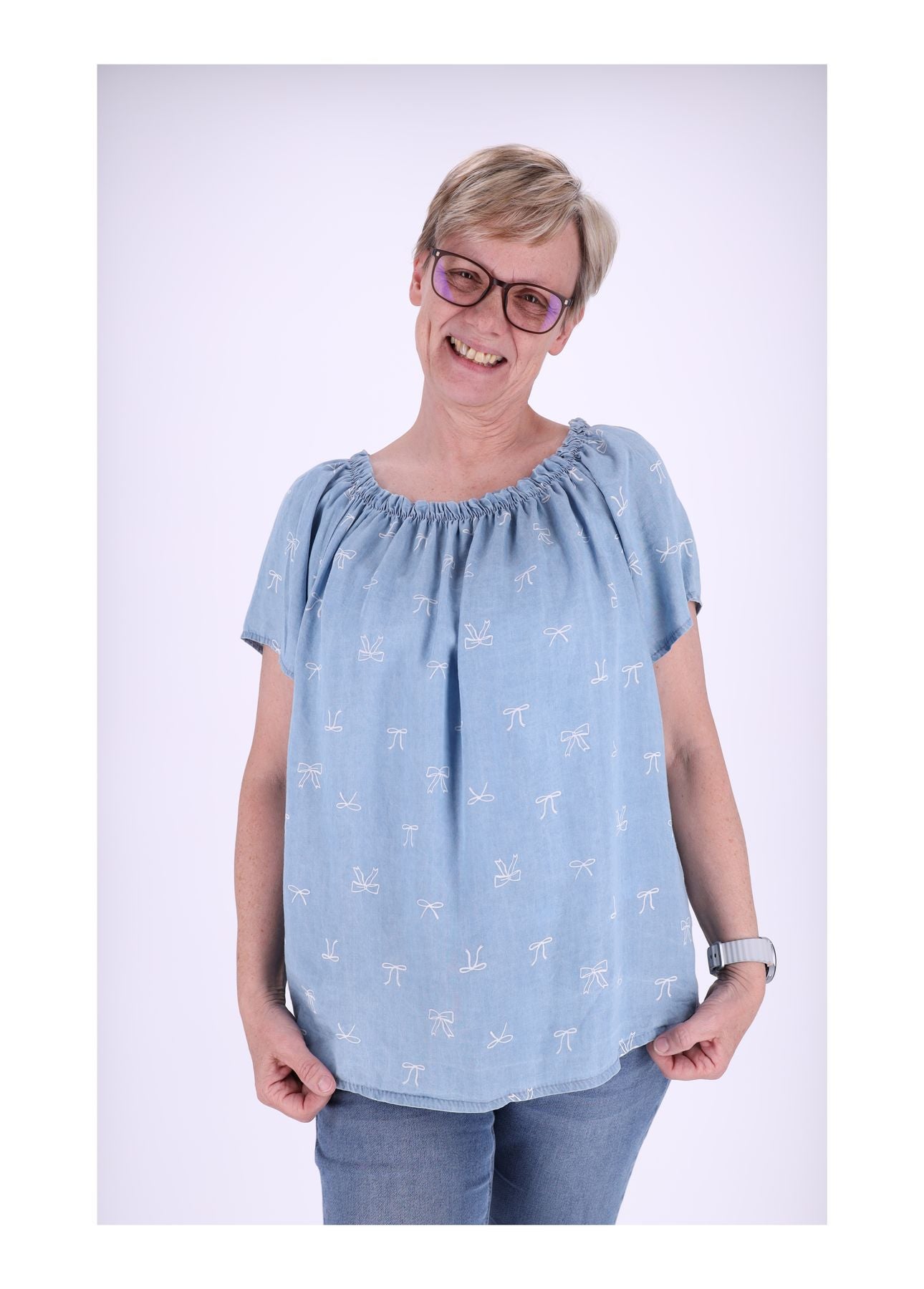 Carmenshirt Damen 1/2 Arm AOP Schleifen