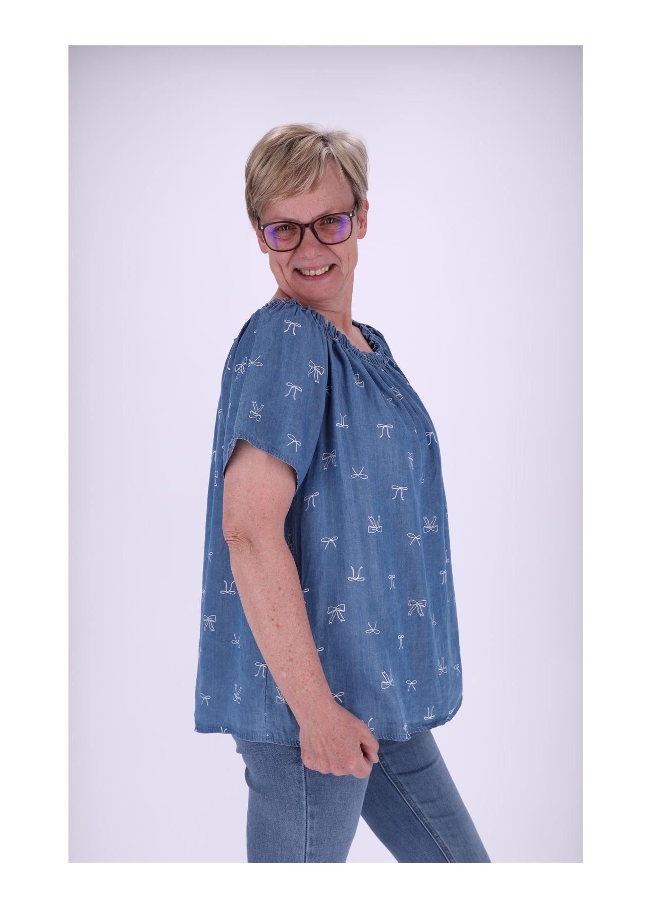 Carmenshirt Damen 1/2 Arm AOP Schleifen