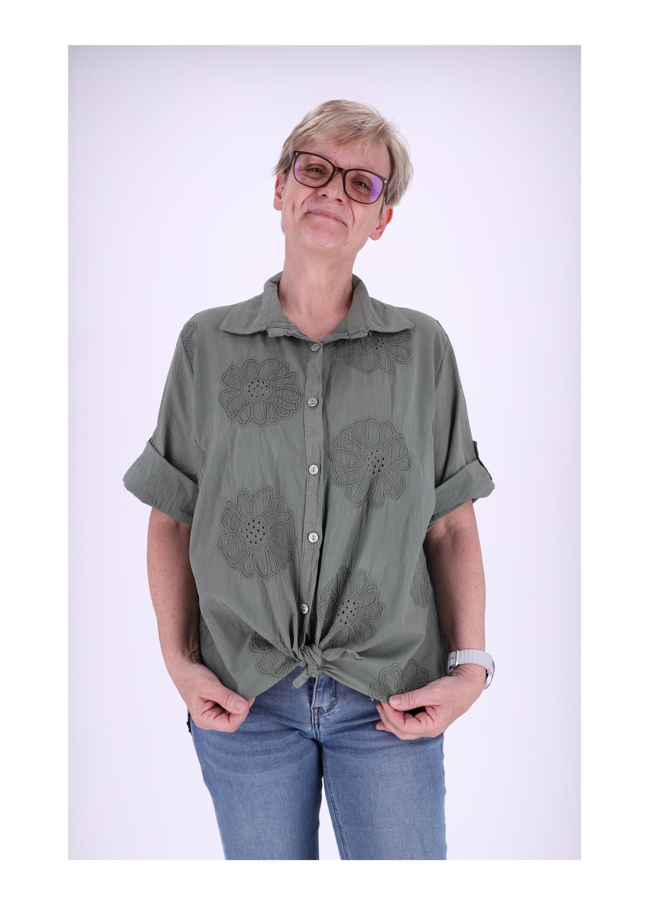 Bluse Stickerei Kurzarm Krempelarm
