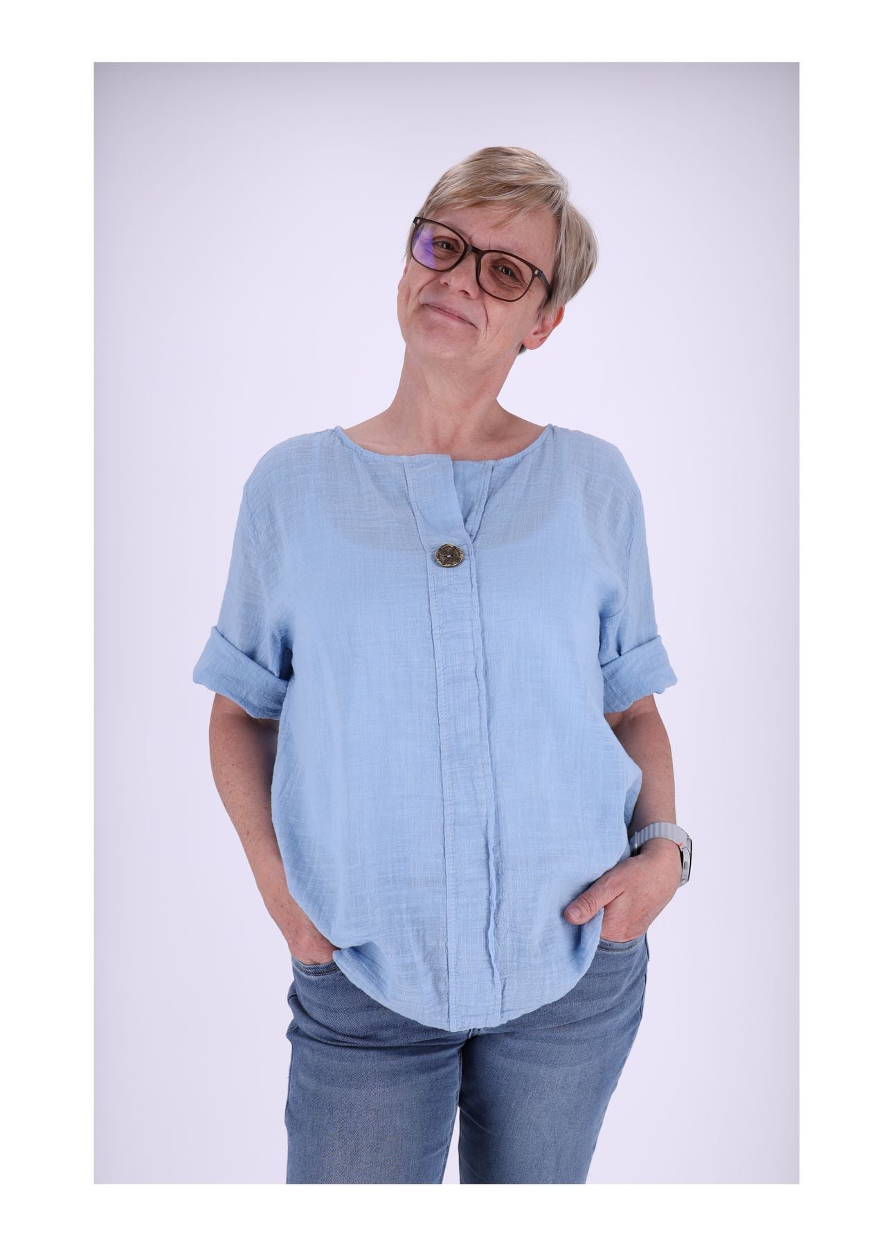 T-Shirt Damen Leinenoptik Knopf