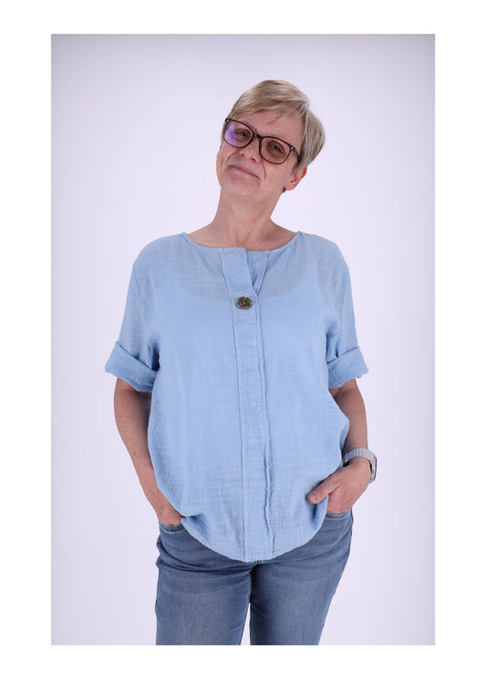 T-Shirt Damen Leinenoptik Knopf
