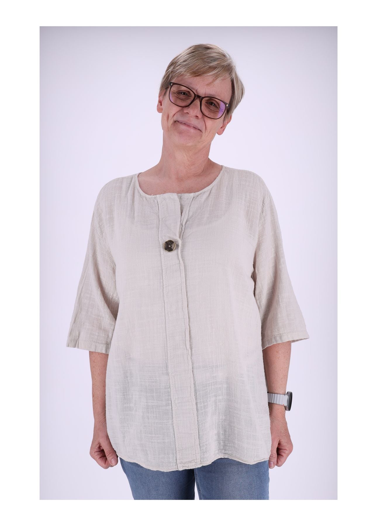 T-Shirt Damen Leinenoptik Knopf