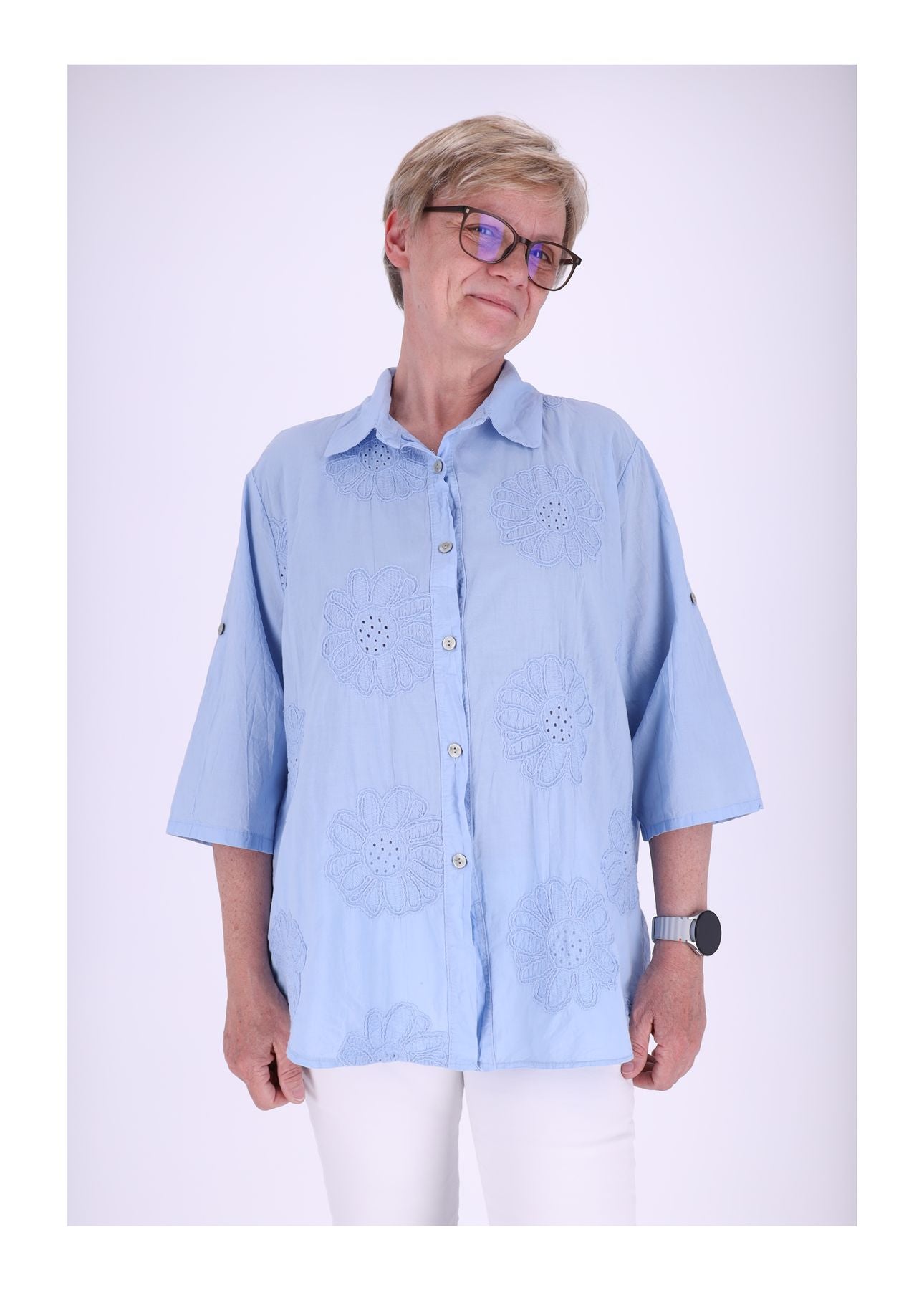 Bluse Stickerei Kurzarm Krempelarm