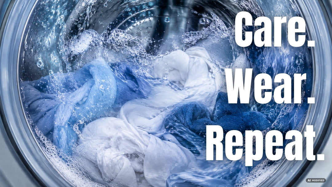 Blau-weiße Kleidung dreht sich mit schäumendem Wasser in einer Waschmaschine. Darüber steht der Schriftzug „Care. Wear. Repeat.“ als moderner Hinweis auf die richtige Kleidungspflege.
