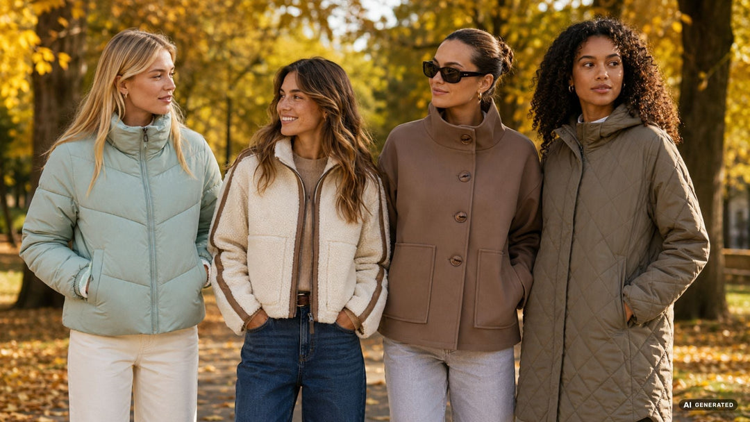 Vier Models mit verschiedenen Hauttypen präsentieren moderne Damenjacken und Mäntel in Herbstfarben wie Mint, Creme, Taupe und Oliv in einem sonnigen Herbstpark.