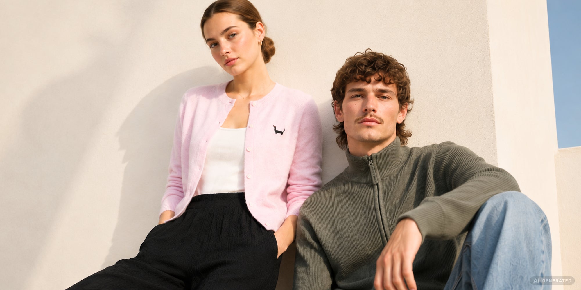 Junges Damen- und Herrenmodel in modernem August-Look mit rosa Strickjacke, schwarzer Hose, olivgrüner Strickjacke und heller Jeans vor heller Wand.