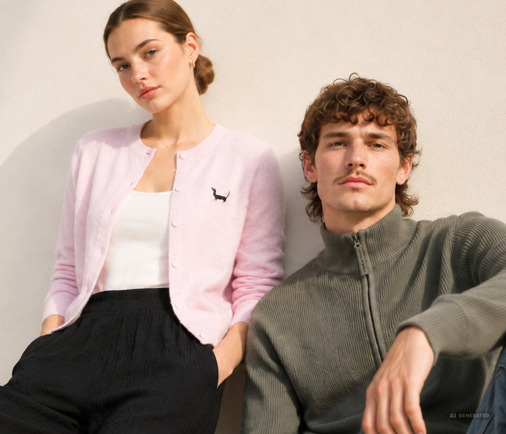 Damen- und Herrenmodel in lässigen Übergangslooks mit rosa Cardigan, schwarzer Wide-Leg-Hose, olivgrüner Strickjacke und Jeans vor hellem Hintergrund.